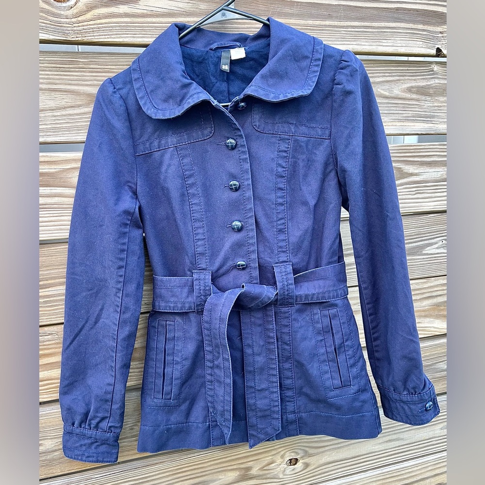 H&M Sweden Women’s Blue Jacket 100% Cotton Button Down Belted Size EU 36 US SZ S